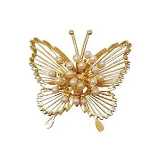 Gold Tone Butterfly Brooch With Faux Pearl Accents By Monet